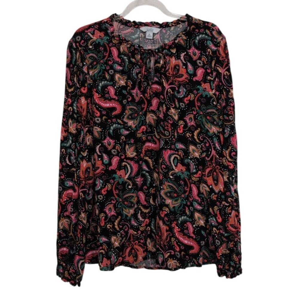 Croft & Barrow Paisley Shirt Womens Size XL Black Long Sleeve Peasant Blouse